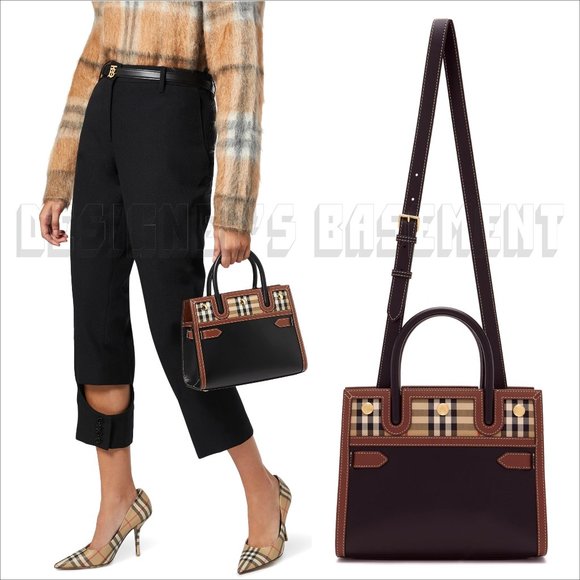 BURBERRY black Leather & Vintage Check Baby TITLE Mini Tote convertible bag NWT - Picture 6 of 11